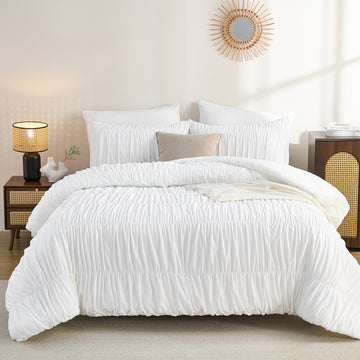 Velvet Ruched Comforter Set – 3-Piece Boho Shabby Chic Ruffle Bedding with Pillowcases, Fluffy Vintage Aesthetic