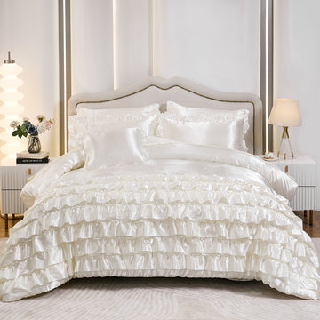 Waterfall Ruffle Satin Comforter Set Bed in a Bag - 8-Piece Luxury Silky Bedding with Sheets and Pillowcases