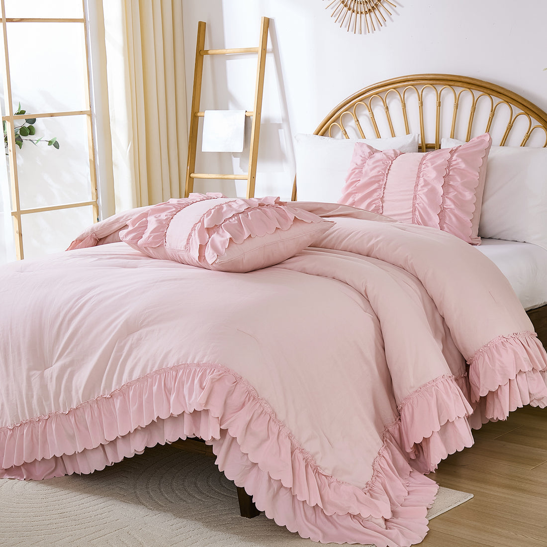 Cotton Ruffle Comforter Set – 100% Cotton Double Layer Ruffles Boho Farmhouse Bedding with Pillow Shams, Queen/King