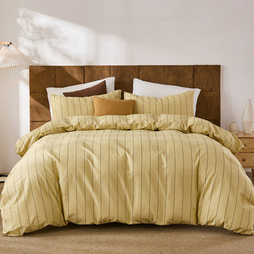 Striped Cotton Duvet Cover Set - Linen Like Reversible Bedding with Zipper and 8 Corner Ties, Soft All Season Cover,