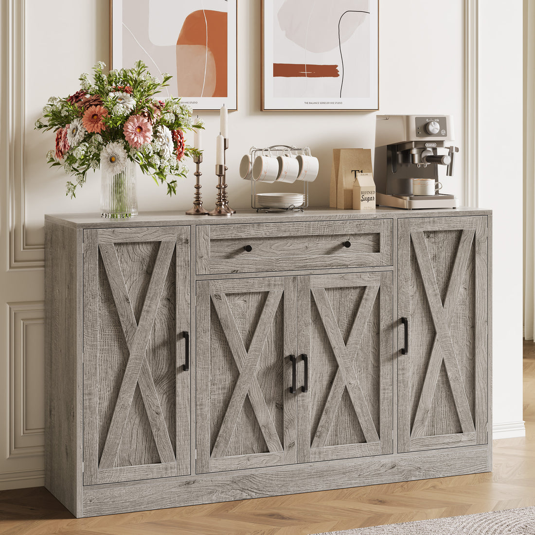Vividwood 55" Modern Farmhouse Buffet Cabinet – Large Sideboard with Drawer, 4 Doors & Shelves Credenza
