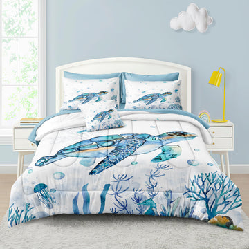Sea Turtle Bed in a Bag – Beach Ocean Comforter with Sheets, Marine Life Print Bedding, Teal Blue Coastal Decor