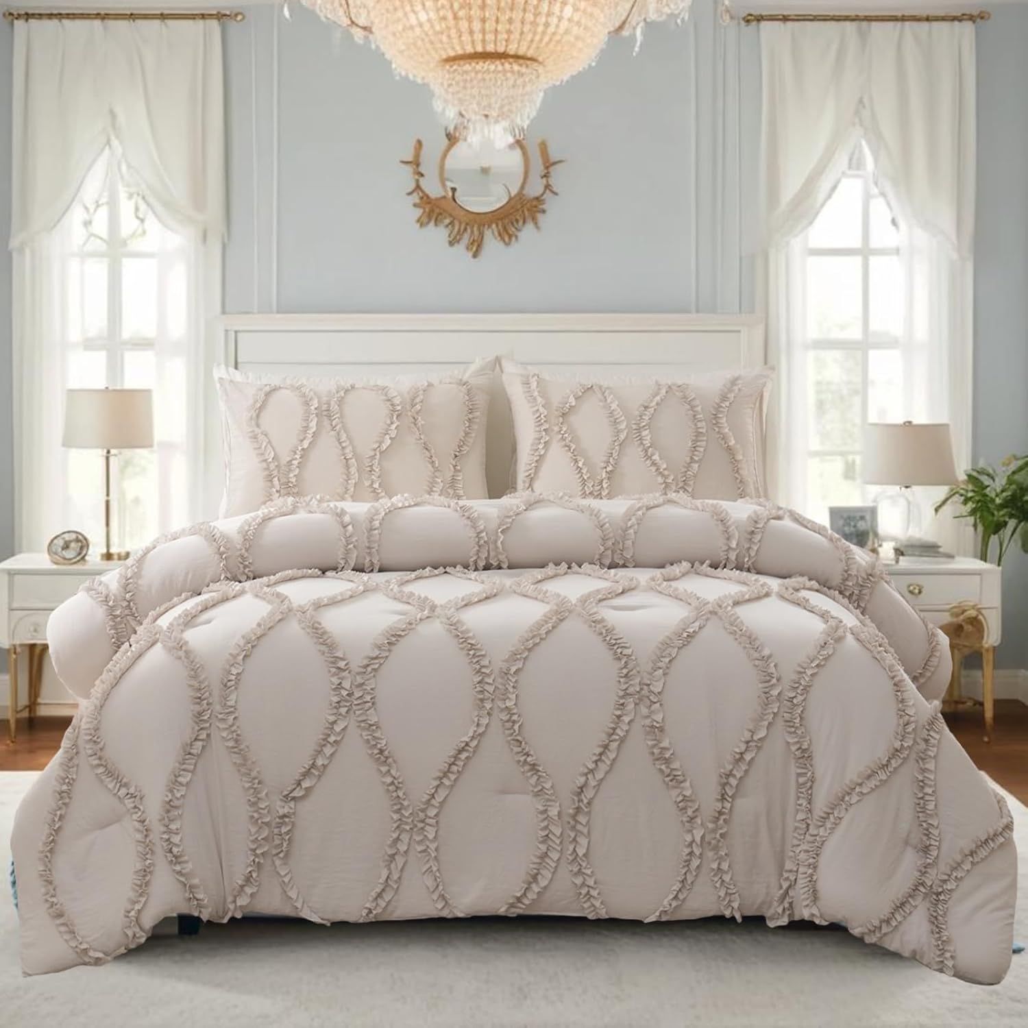 Ruffle Comforter Set With Pillow Covers– Shabby Chic Farmhouse Bedding with Elegant Ribbon Ruffles, Soft Lightweight Quilt 3-Piece