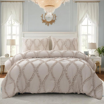 Ruffle Comforter Set With Pillow Covers– Shabby Chic Farmhouse Bedding with Elegant Ribbon Ruffles, Soft Lightweight Quilt 3-Piece