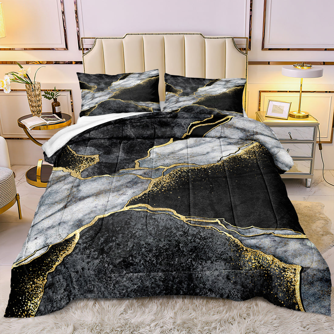 Marble Comforter Set – Black White Gold Abstract Print Boho Hippie Bedding, Ultra Soft Lightweight All Season Quilt