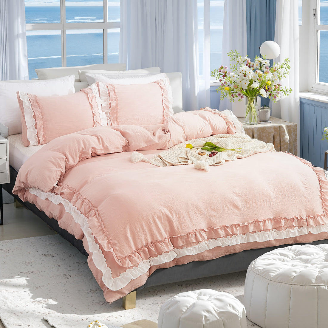 Double Ruffle Duvet Cover Set – Soft Washed Bedding with Pillowcases – Romantic Elegant Princess Style, Pink, 3-Piece