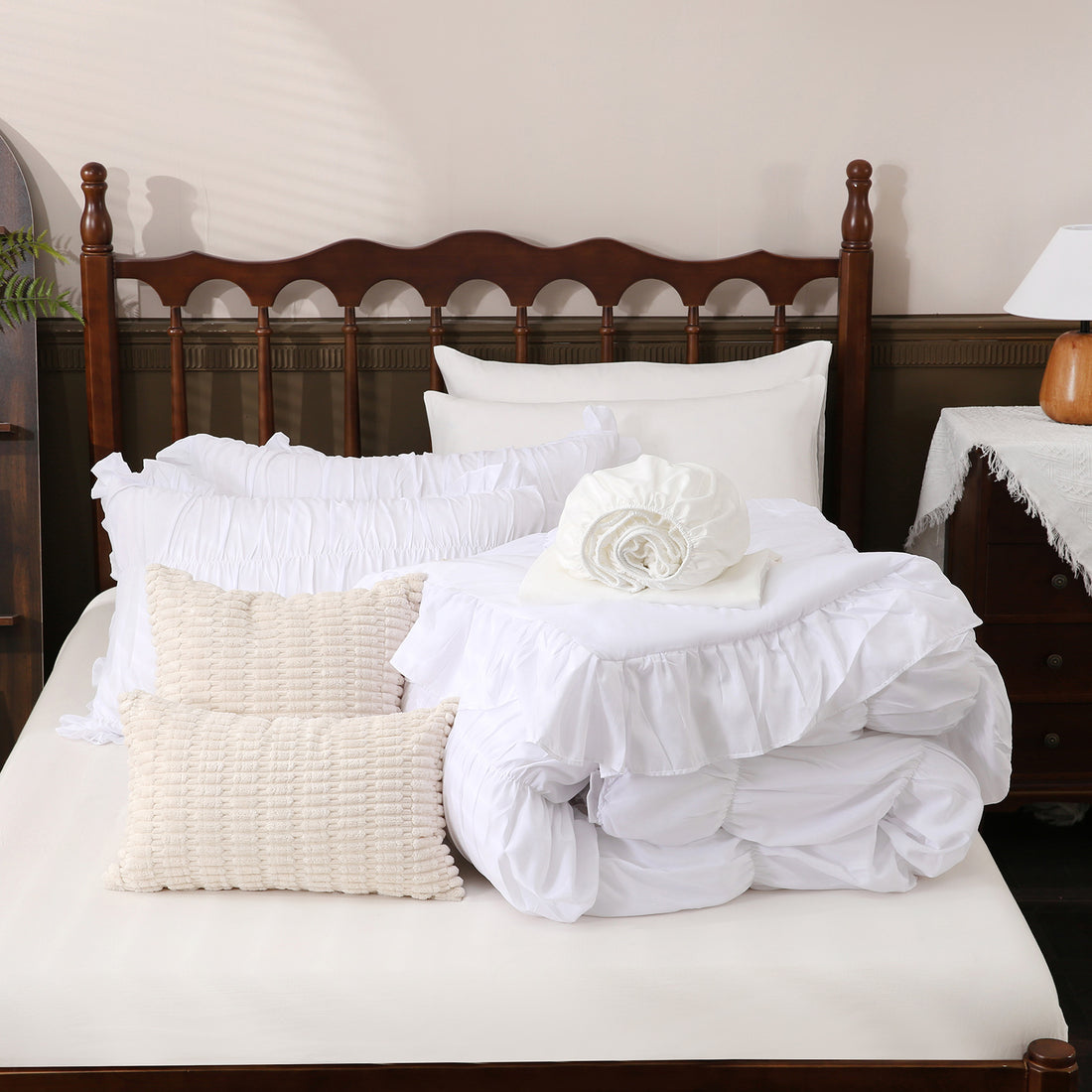 Ruffle Comforter Set -9 Pieces Cozy Bedding Set with Comforters, Sheets, Pillowcases