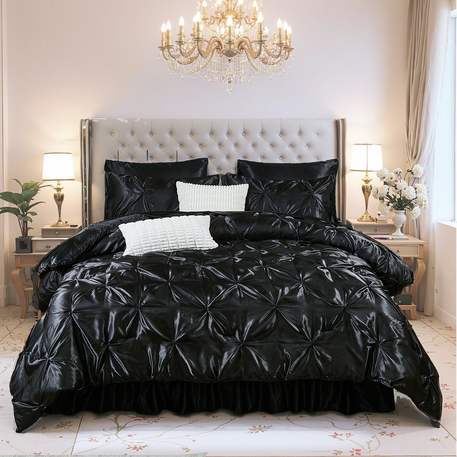 Satin Comforter Set Bed in a Bag – Pinch Pleat Luxury Bedding with Sheets, Pillowcases & Decorative Covers, Soft Silky Quilt, Twin/Full/Queen/King