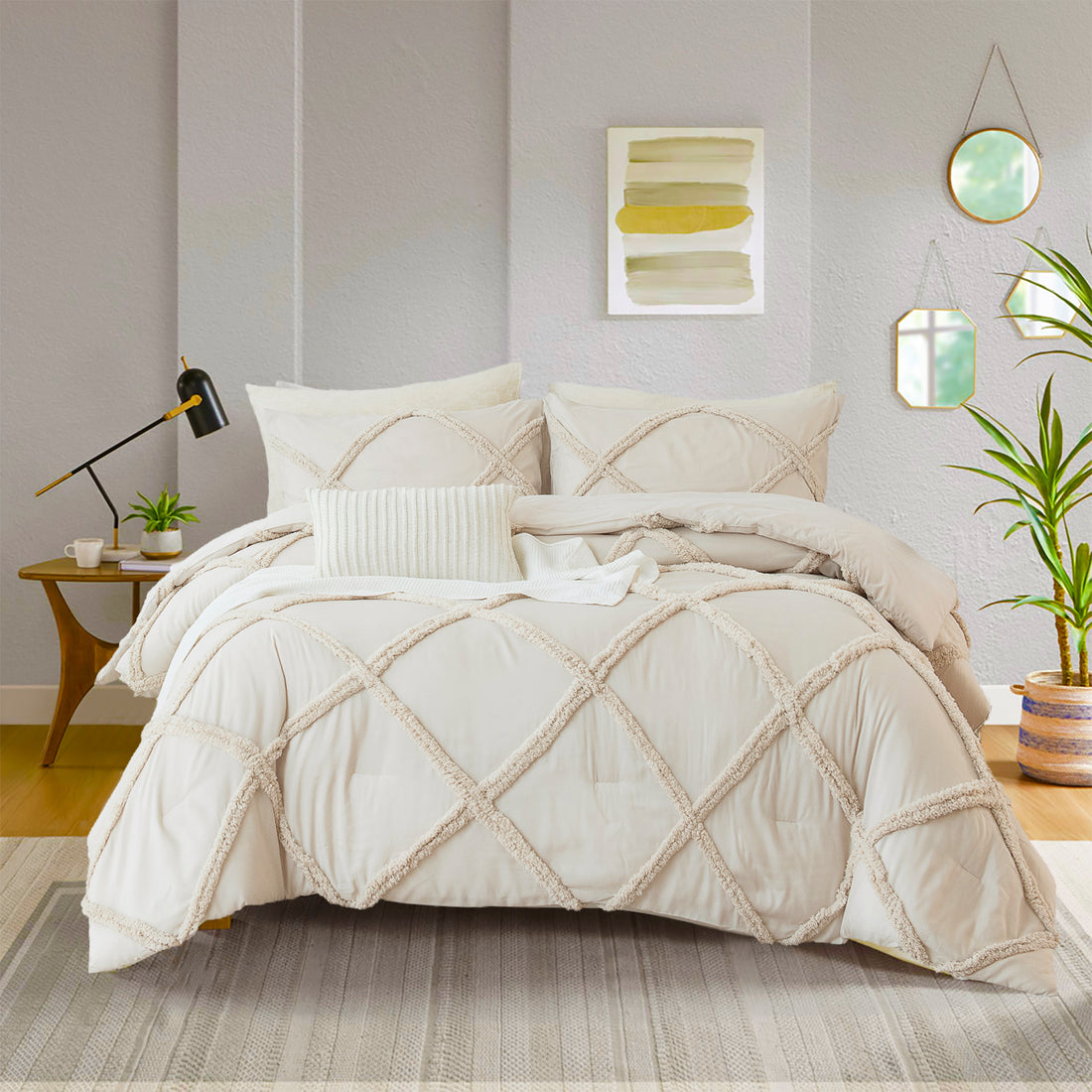 Tufted Comforter Set With Pillowcase – Shabby Chic Farmhouse Bedding with Geometric Embroidery, Soft Lightweight Quilt 3-Piece, Queen/King Options