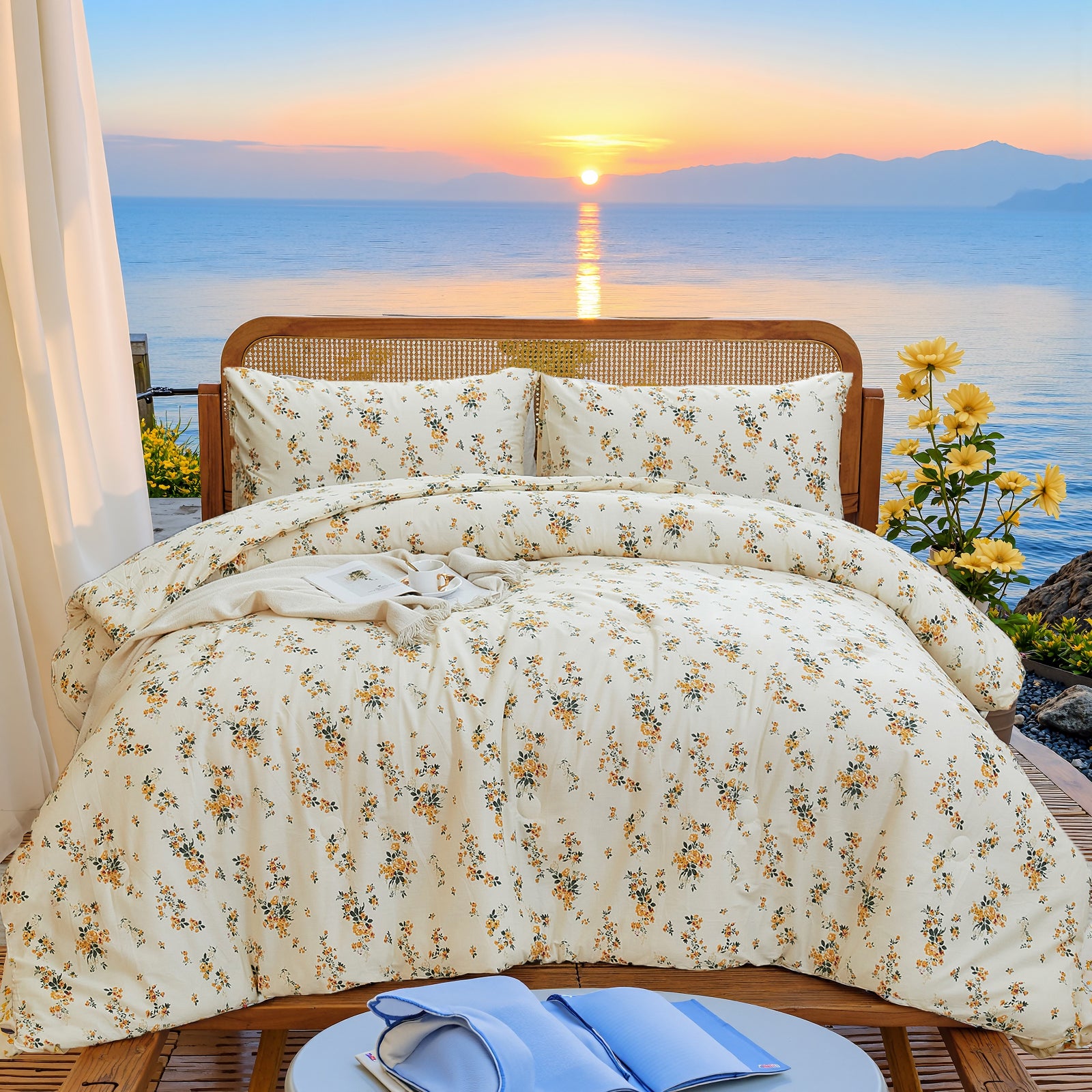 Floral Cotton Comforter Set – 100% Cotton Bedding with Elegant Botanical Print, Soft Lightweight All Season Quilt, King/Queen