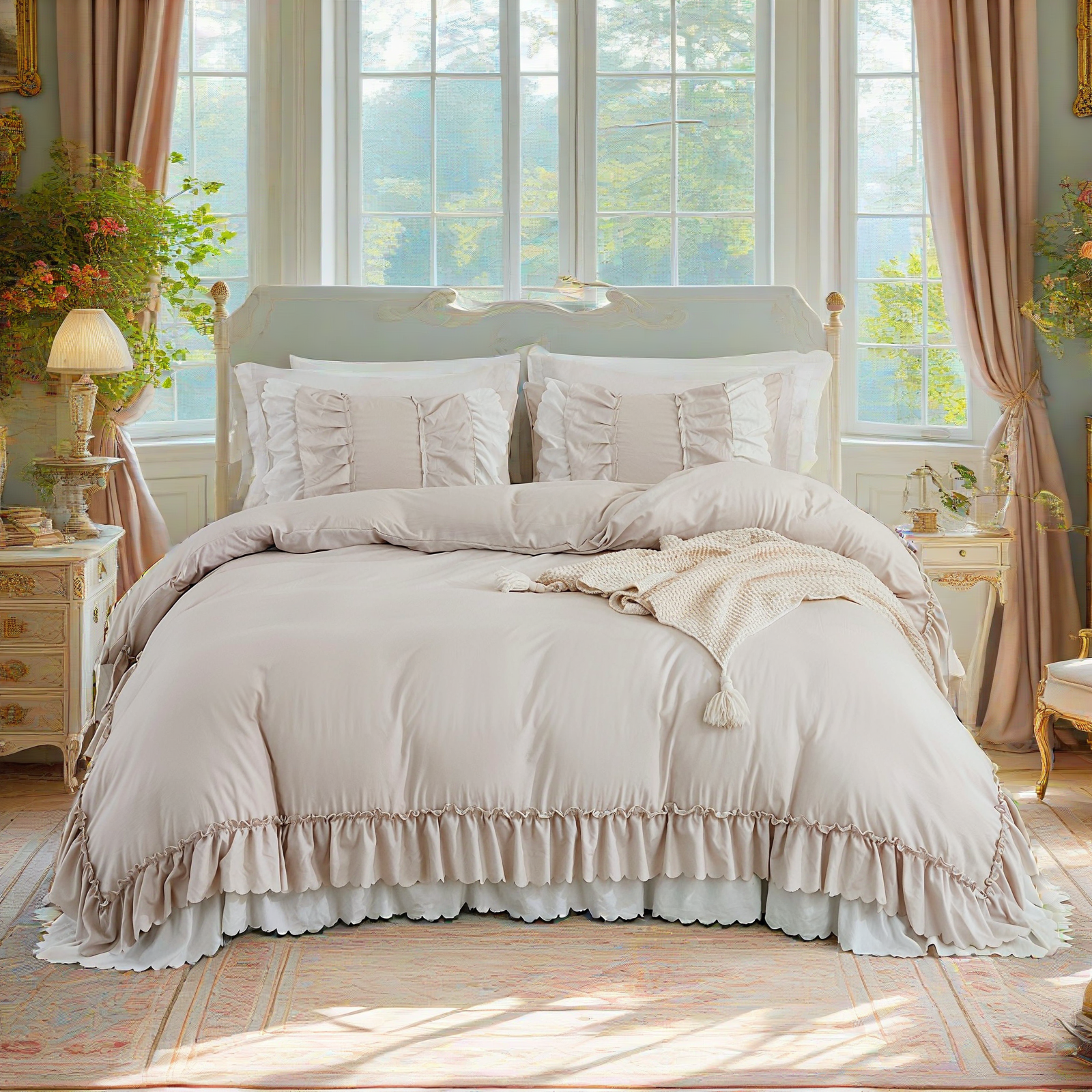 Ruffle Comforter Set – 3-Piece Shabby Chic Boho Bedding with Elegant Double Ruffles, Soft Lightweight Microfiber Quilt, Queen/King