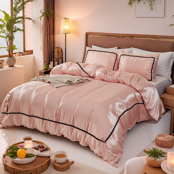 Satin Comforter Set Bed in a Bag – 7-Piece Luxury Pom Pom Bedding with Sheets & Pillowcases, Soft Silky All-Season Quilt, Full/Queen/King