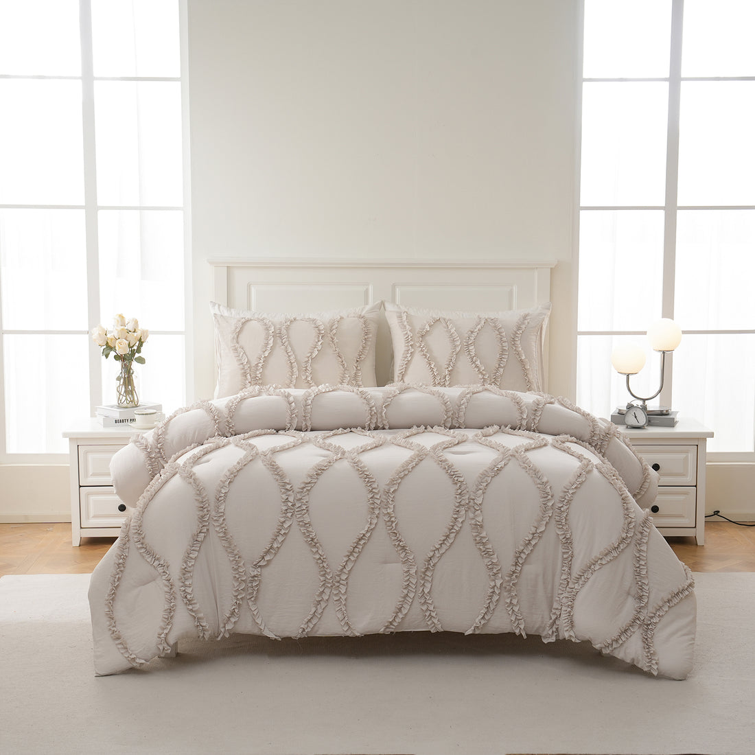 Ruffle Comforter Set With Pillow Covers– Shabby Chic Farmhouse Bedding with Elegant Ribbon Ruffles, Soft Lightweight Quilt 3-Piece