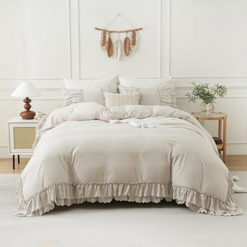 Boho Ruffle Comforter – Double Layer Fluffy Shabby Chic Bedding with Pillowcases, Farmhouse Vintage Aesthetic Quilt