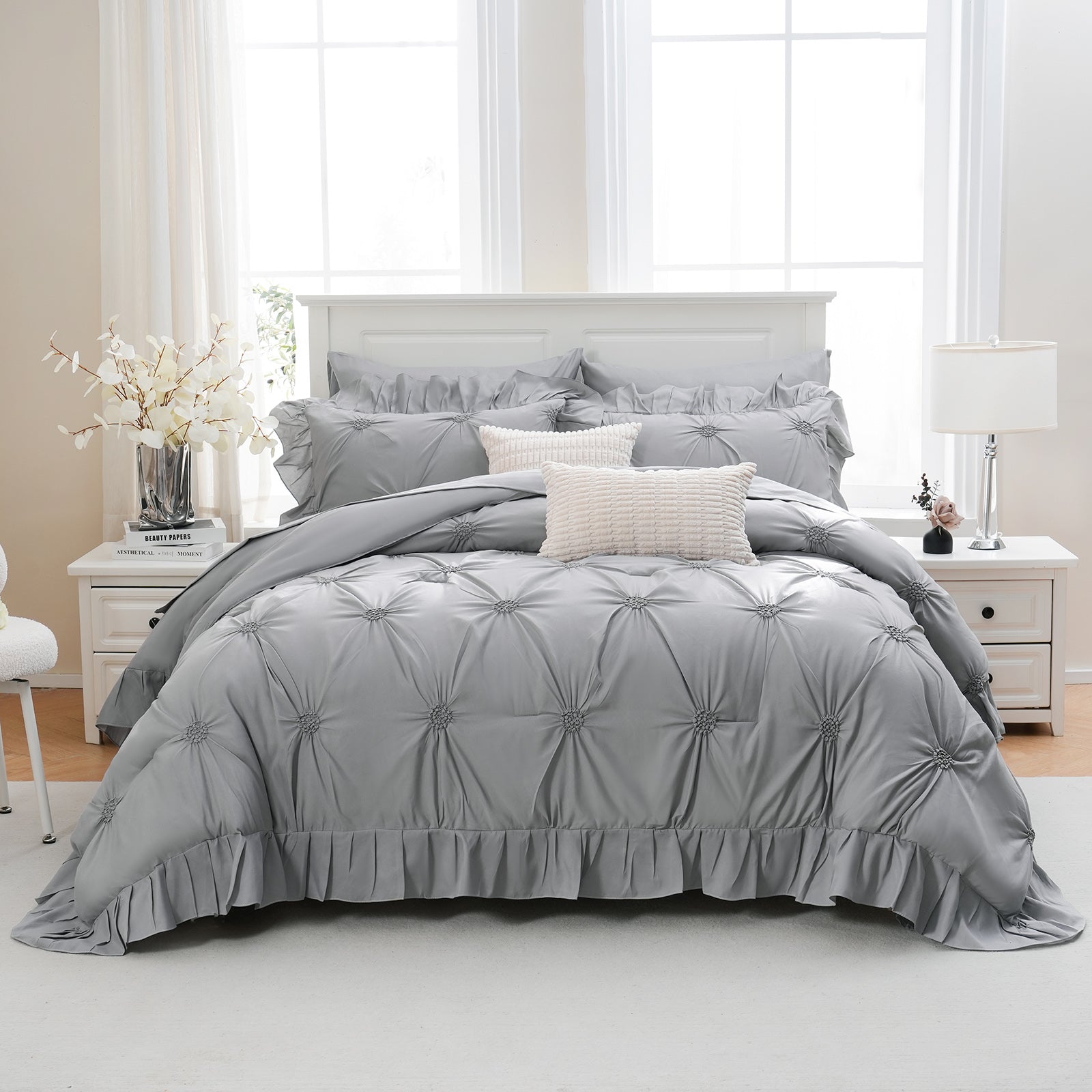 Ruffle Pintuck Comforter Set Bed in a Bag – 9-Piece Farmhouse Shabby Chic Boho Bedding with Sheets, Pillowcases & Decorative Covers, King/Queen