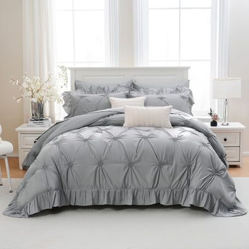 Ruffle Pintuck Comforter Set Bed in a Bag – 9-Piece Farmhouse Shabby Chic Boho Bedding with Sheets, Pillowcases & Decorative Covers, King/Queen
