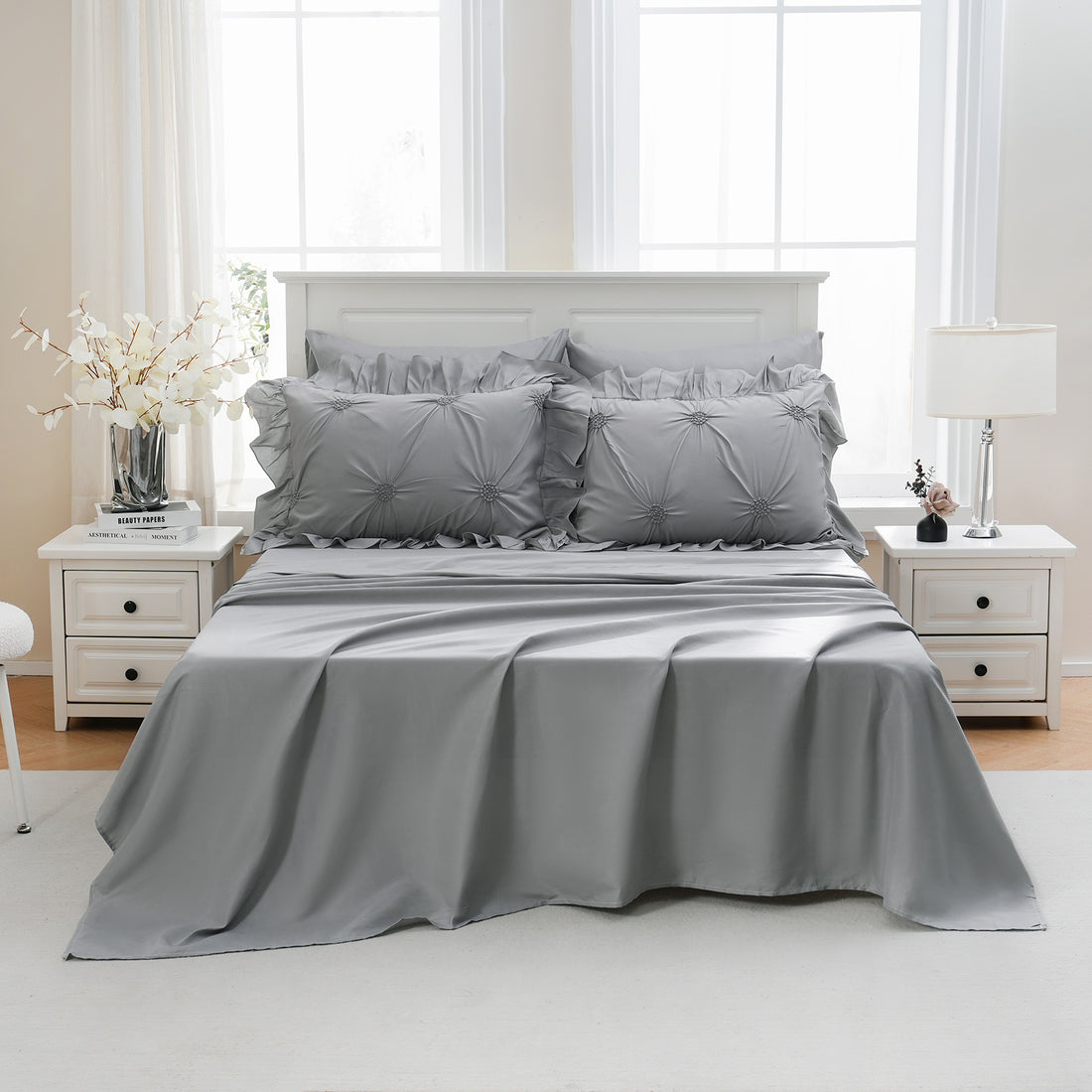 Ruffle Pintuck Comforter Set Bed in a Bag – 9-Piece Farmhouse Shabby Chic Boho Bedding with Sheets, Pillowcases & Decorative Covers, King/Queen