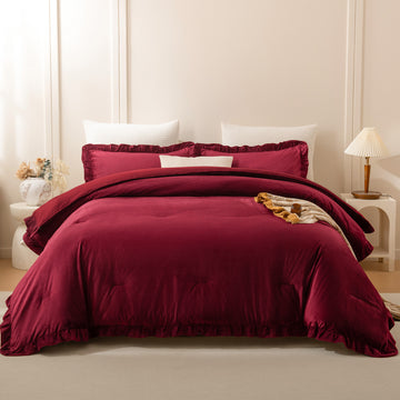 Velvet Ruffle Comforter Set – Soft Plush Bedding with Matching Pillowcases, Romantic Shabby Chic Style, Queen/King 3-Piece