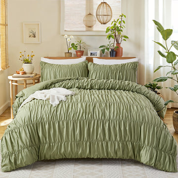 Boho Ruched Cotton Duvet Cover Set – 3-Piece Wrinkle-Soft Bedding with Zipper and Corner Tie