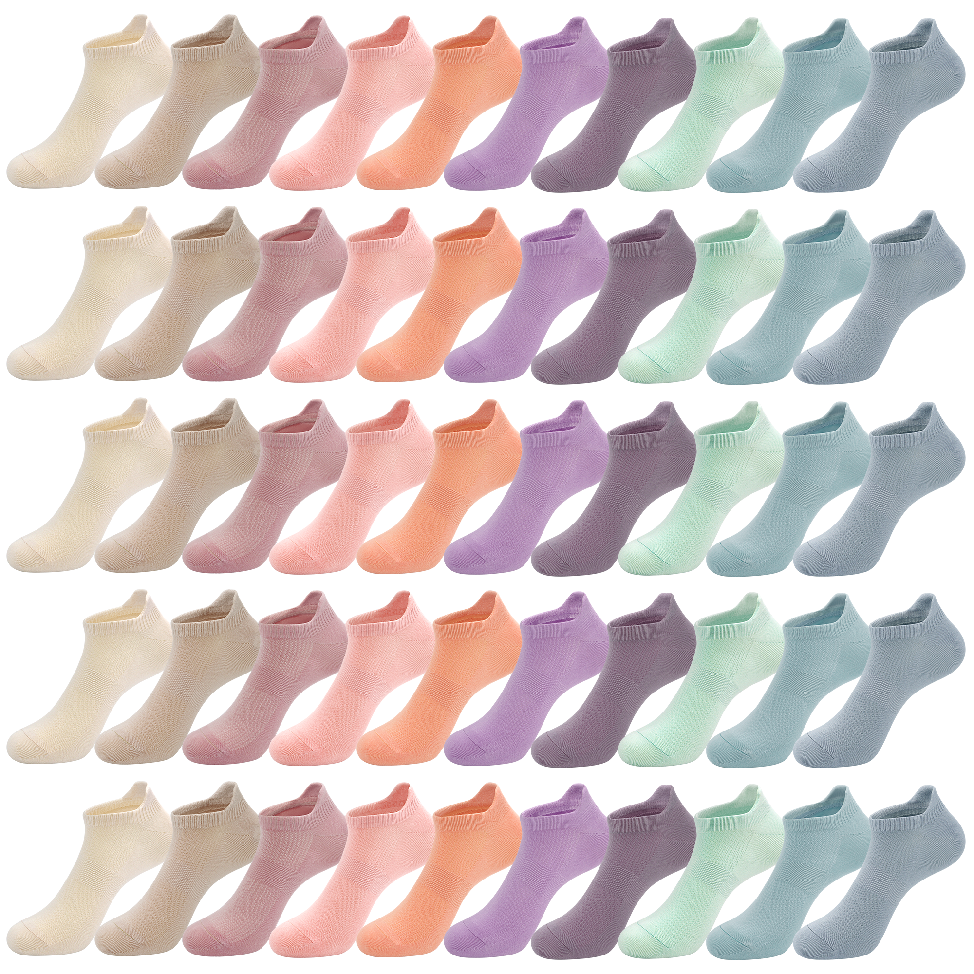 GENTLEAGU Women's No-Show Bamboo Socks – Thin, Soft, Breathable with Arch Support, Low-Cut Assorted Colors, 50-Pair Bulk Family Pack