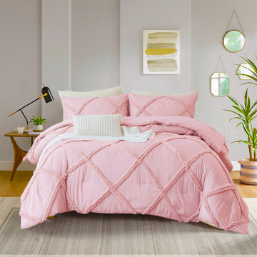 Tufted Comforter Set With Pillowcase – Shabby Chic Farmhouse Bedding with Geometric Embroidery, Soft Lightweight Quilt 3-Piece, Queen/King Options