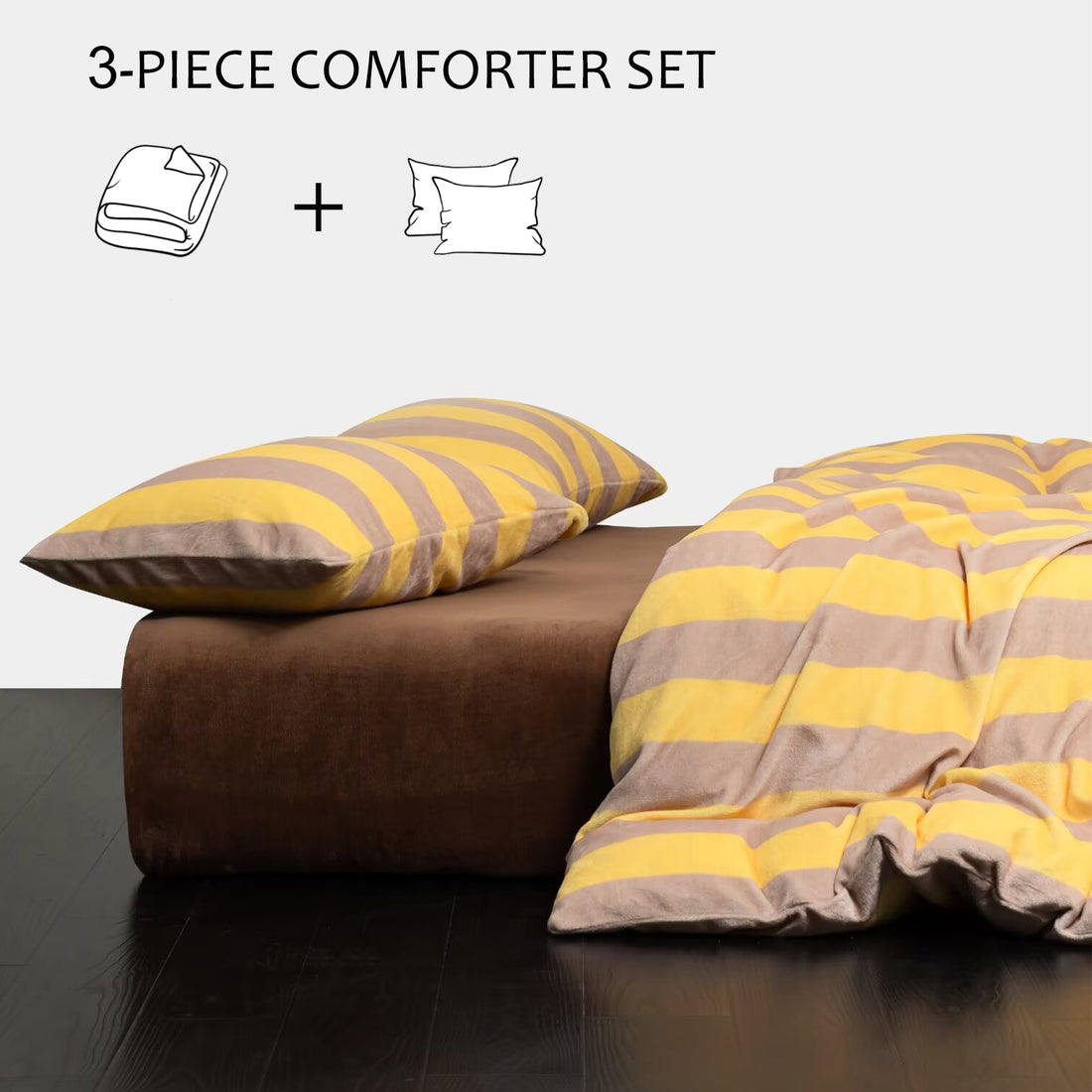 Striped Velvet Fleece Comforter Set – 3-Piece Cozy Reversible Flannel Bedding, Soft Warm All-Season Quilt with Pillowcases