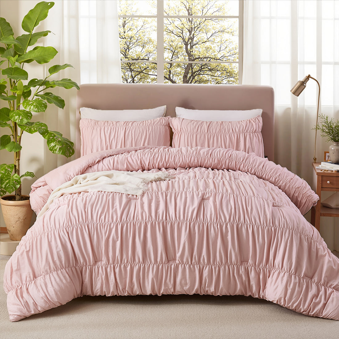 Boho Ruched Comforter Set – 100% Cotton Ruffle Bedding, Soft Durable Fluffy Quilt 3-Piece, Vintage Chic Bedroom Decor, King/Queen Options