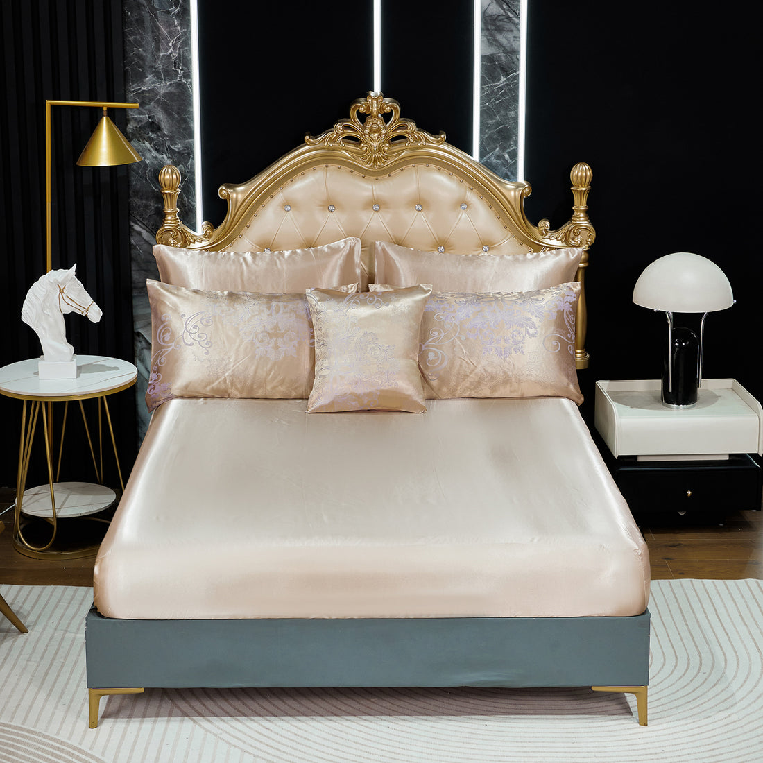 Jacquard Comforter Set with Satin Sheet Set – Luxury Bed in a Bag, Royal Embroidered Floral Design, Soft Silky with Cushion Cover