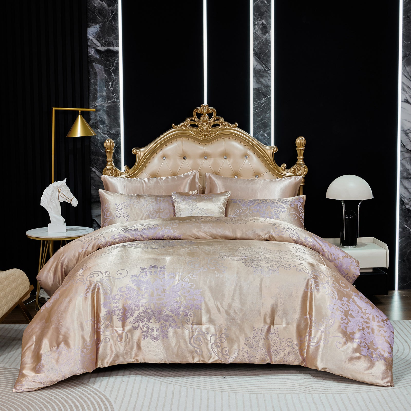 Jacquard Comforter Set with Satin Sheet Set – Luxury Bed in a Bag, Royal Embroidered Floral Design, Soft Silky with Cushion Cover