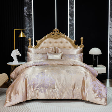 Jacquard Comforter Set with Satin Sheet Set – Luxury Bed in a Bag, Royal Embroidered Floral Design, Soft Silky with Cushion Cover