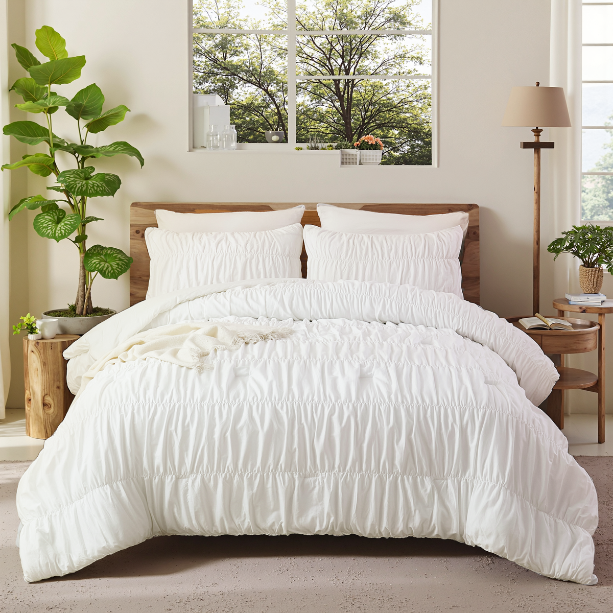 Boho Ruched Comforter Set – 100% Cotton Ruffle Bedding, Soft Durable F