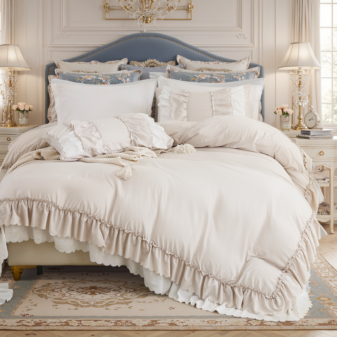 Ruffle Comforter Set – 3-Piece Shabby Chic Boho Bedding with Elegant Double Ruffles, Soft Lightweight Microfiber Quilt, Queen/King