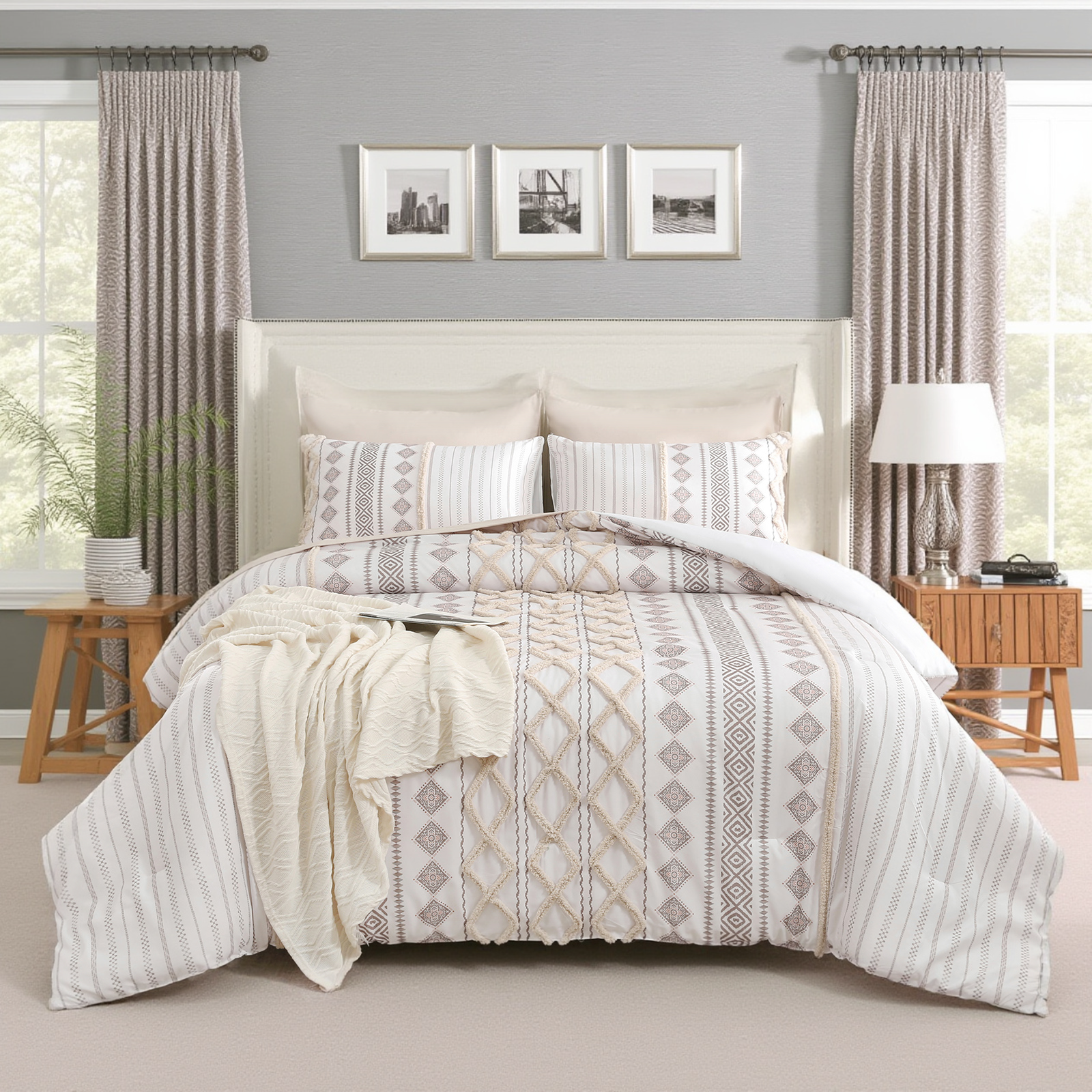 Tufted Boho Comforter Set Bed in a Bag – 7-Piece Aztec Farmhouse Bedding with Sheets & Pillowcases, Soft Microfiber Quilt, Full/Queen/King